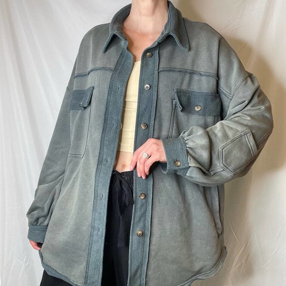 POL Jackets & Blazers - Pol French terry oversized shacket jacket green button front vintage wash faded